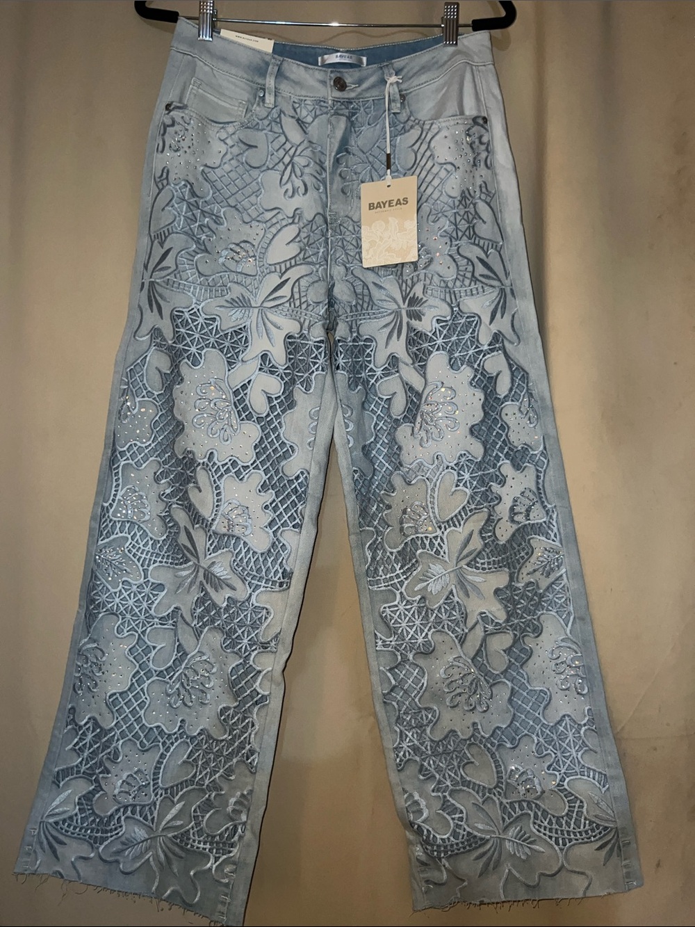 Bayeas Light Blue Embroidered Wide-Leg Jeans